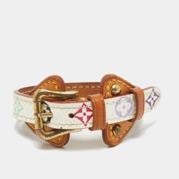 Pre Owned Louis Vuitton Theda Monogram Canvas Leather Gold Tone Bracelet