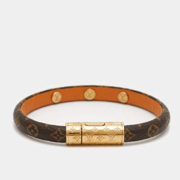 Pre Owned Louis Vuitton Keep It Canvas Leather Brown Monogram Gold Tone Bracelet