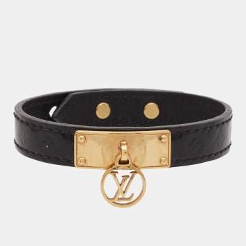 Pre Owned Louis Vuitton Vernis Logomania Black Leather Gold Tone Bracelet