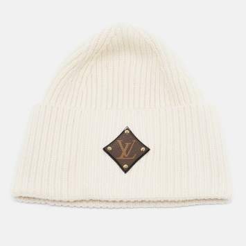 Pre Owned Louis Vuitton Off White Leather LV Applique Rib Knit Beanie