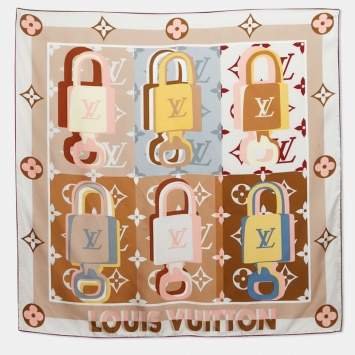 Pre Owned Louis Vuitton Beige Printed Silk LV Unlocked Square Scarf