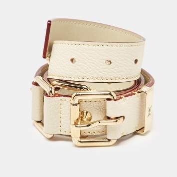 Pre Owned Louis Vuitton White Suhail Leather Studded Buckle Belt 80CM