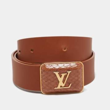 Pre Owned Louis Vuitton Brown Leather and Snakeskin Square Logo Buckle Belt 80CM