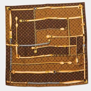 Pre Owned Louis Vuitton Brown Monogram Confidential Silk Square Scarf