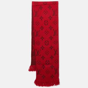 Pre Owned Louis Vuitton Red Wool & Silk Jacquard Logomania Shawl