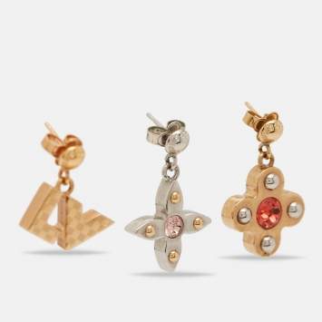 Pre Owned Louis Vuitton Love Letters Crystals Two Tone Metal Set of 3 Earrings