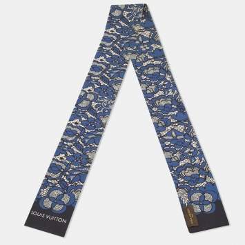 Pre Owned Louis Vuitton Navy Blue Floral Lace Print Silk Bandeau Scarf 