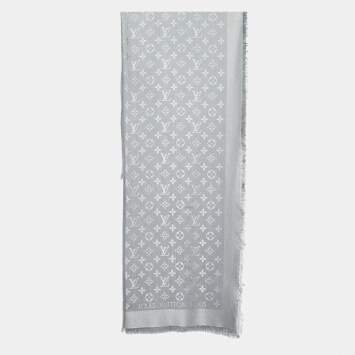 Pre Owned Louis Vuitton Grey Classique Monogram Silk & Wool Shawl
