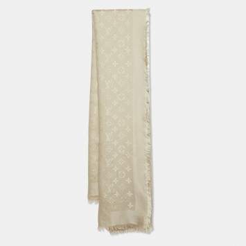 Pre Owned Louis Vuitton Classique Monogram Greige Wool Silk Classique Monogram Shawl