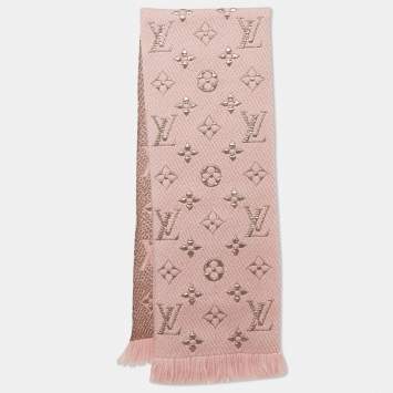 Pre Owned Louis Vuitton Pink Logo Wool and Lurex Jacquard Logomania Shine Scarf