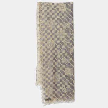 Pre Owned Louis Vuitton Cream & Blue Damien Printed Cashmere & Silk Shawl