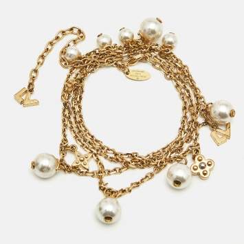 Pre Owned Louis Vuitton Damier Monogram Faux Pearl Two Tone Chain Link Charm Bracelet