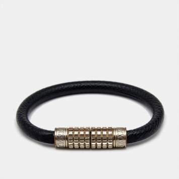 Louis Vuitton Digit Black Leather Silver Tone Bracelet