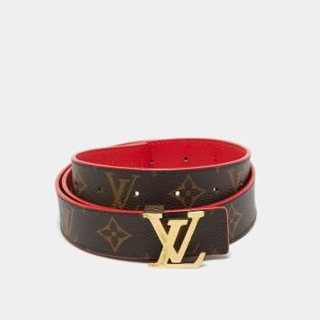 Pre Owned Louis Vuitton Red Leather and Monogram Canvas LV Initiales Reversible Belt 80 CM