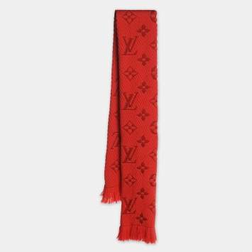 Pre Owned Louis Vuitton Red Wool & Silk Jacquard Logomania Scarf