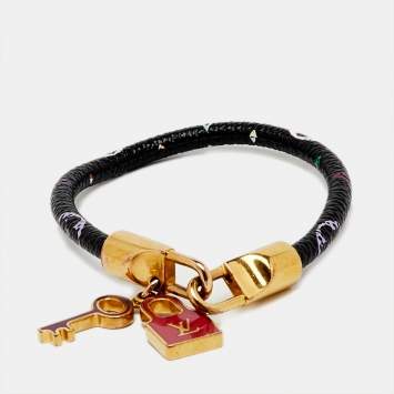 Pre Owned Louis Vuitton Luck It Multicolor Monogram Black Canvas Enamel Gold Tone Charm Bracelet 