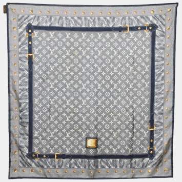 Pre Owned Louis Vuitton Blue Iventeur Monogram Print Silk Square Scarf