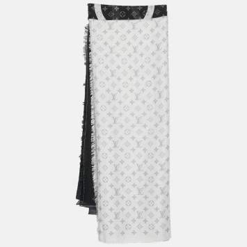 مملوكة مسبقًا شال لوي فيتون مونوغرامي أسود ورصاصي من مزيج الكشمير