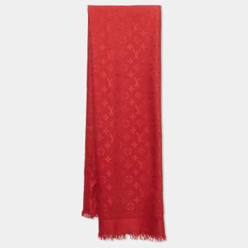 Pre Owned وشاح لوي فيتون حرير ممزوج مونوغرامي أحمر مع شرابات