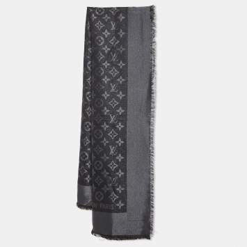 Pre Owned Louis Vuitton Metallic Black/Grey Monogram Jacquard Fringed Shawl 