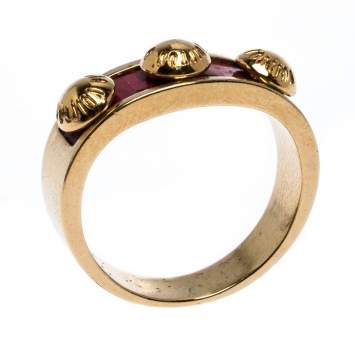 Pre Owned Louis Vuitton Gimme A Clue Red Leather Inlay Gold Tone Ring Size EU 52.5