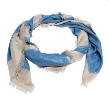Pre Owned Louis Vuitton Blue Wool & Silk Monogram Arty Shawl