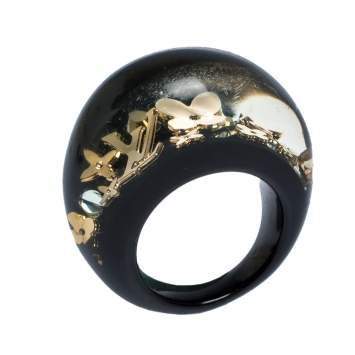 Pre Owned Louis Vuitton Black Resin Gold Tone Monogram Inclusion Ring Size 54.5 