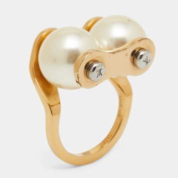Pre Owned Louis Vuitton Speedy Faux Pearls Gold Tone Metal Ring Size 53