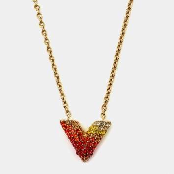 Pre Owned Louis Vuitton Essential V  Crystals Gold Tone Chain Necklace