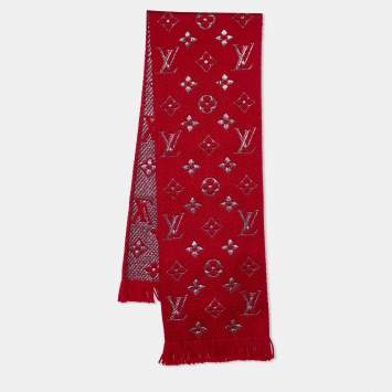 Pre Owned Louis Vuitton Red Wool Silk Logomania Shine Scarf