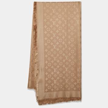 Pre Owned Louis Vuitton Cappuccino Logo Monogram Wool and Silk Shawl