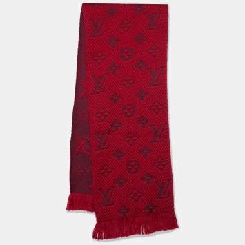 Pre Owned Louis Vuitton Red Wool & Silk Logomania Scarf