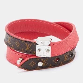 Pre Owned Louis Vuitton Pink Leather & Brown Monogram Canvas Lockit Double Wrap Bracelet