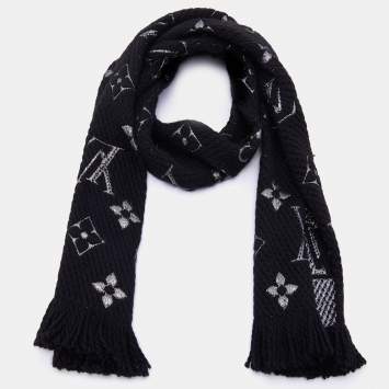 Pre Owned Louis Vuitton Black Wool & Silk Logomania Shine Scarf