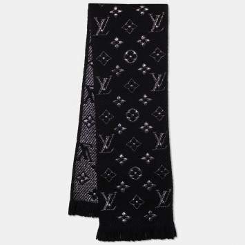 Pre Owned Louis Vuitton Black Wool & Silk Logomania Shine Scarf