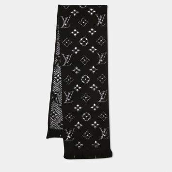 Pre Owned Louis Vuitton Black Silk & Wool Logomania Shine Scarf