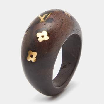 Pre Owned Louis Vuitton Gold Tone Monogram Wood Ring Size 56
