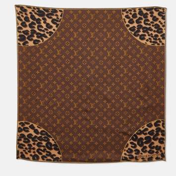 Pre Owned Louis Vuitton Brown Monogram Leopard Print Square Silk Scarf