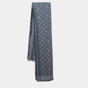 Pre Owned Louis Vuitton Charcoal Grey Silk & Wool Classique Monogram Shawl