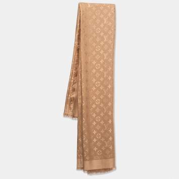 Pre Owned Louis Vuitton Cappuccino Brown Monogram Silk & Wool Classique Shawl