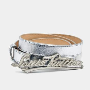 Pre Owned Louis Vuitton Silver Leather Cursive Script Belt 80CM