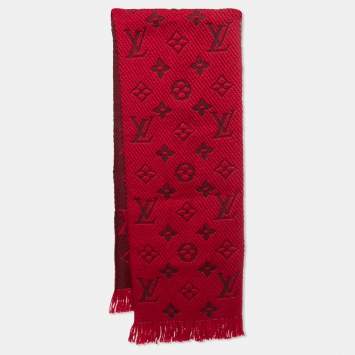 Pre Owned Louis Vuitton Ruby Red Wool & Silk Logomania Scarf