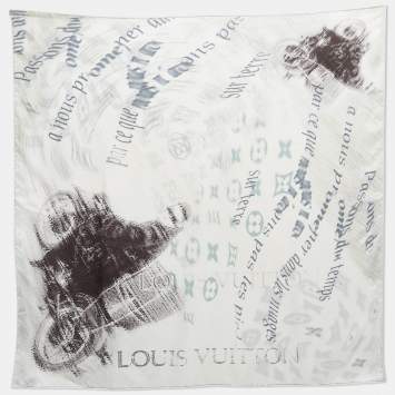 Pre Owned Louis Vuitton White/Grey Motorcycle Graffiti Print Silk Scarf