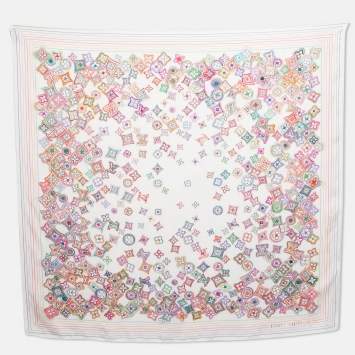 Pre Owned Louis Vuitton White Monogram Doodle Print Silk Scarf