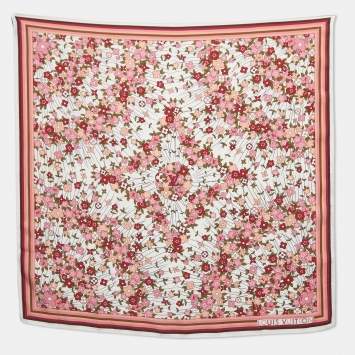 Pre Owned Louis Vuitton White/Maroon Floral Print Silk Olivia Scarf