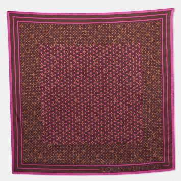 Pre Owned Louis Vuitton Brown/Fuchsia Monogram Polka Dot Print Silk Scarf
