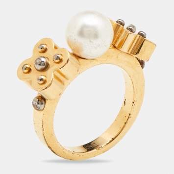 Pre Owned Louis Vuitton Gold Tone Monogram Faux Pearl Ring S