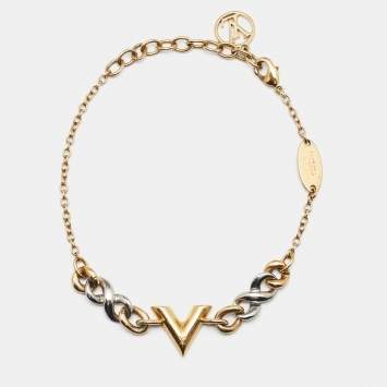 Pre Owned Louis Vuitton Essential V Gold & Silver Tone Logo Charm Bracelet