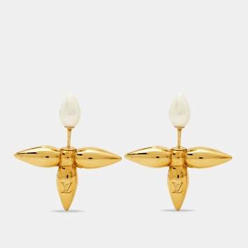 Pre Owned Louis Vuitton Louisette Faux Pearl Gold Tone Earrings 