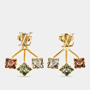 Pre Owned Louis Vuitton Loulougram Crystals Gold Tone Earrings